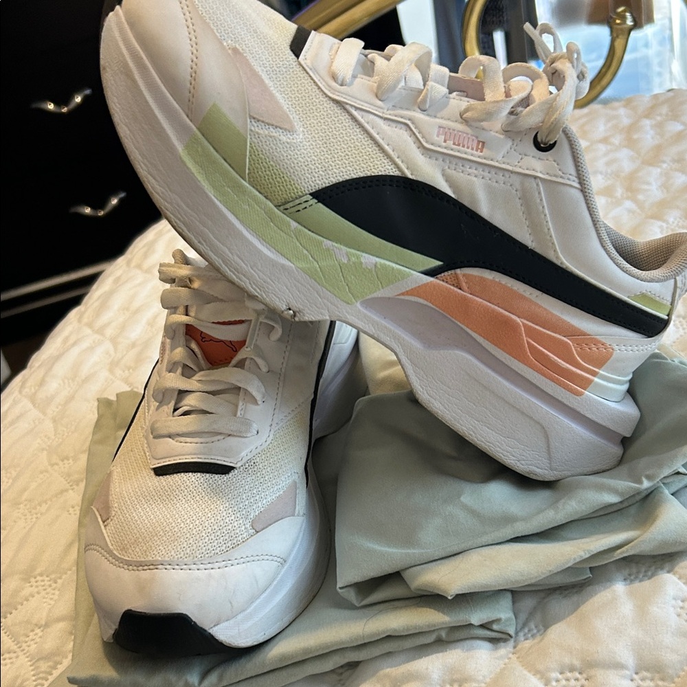 Puma Women's White Sneakers with Black and Green Accents